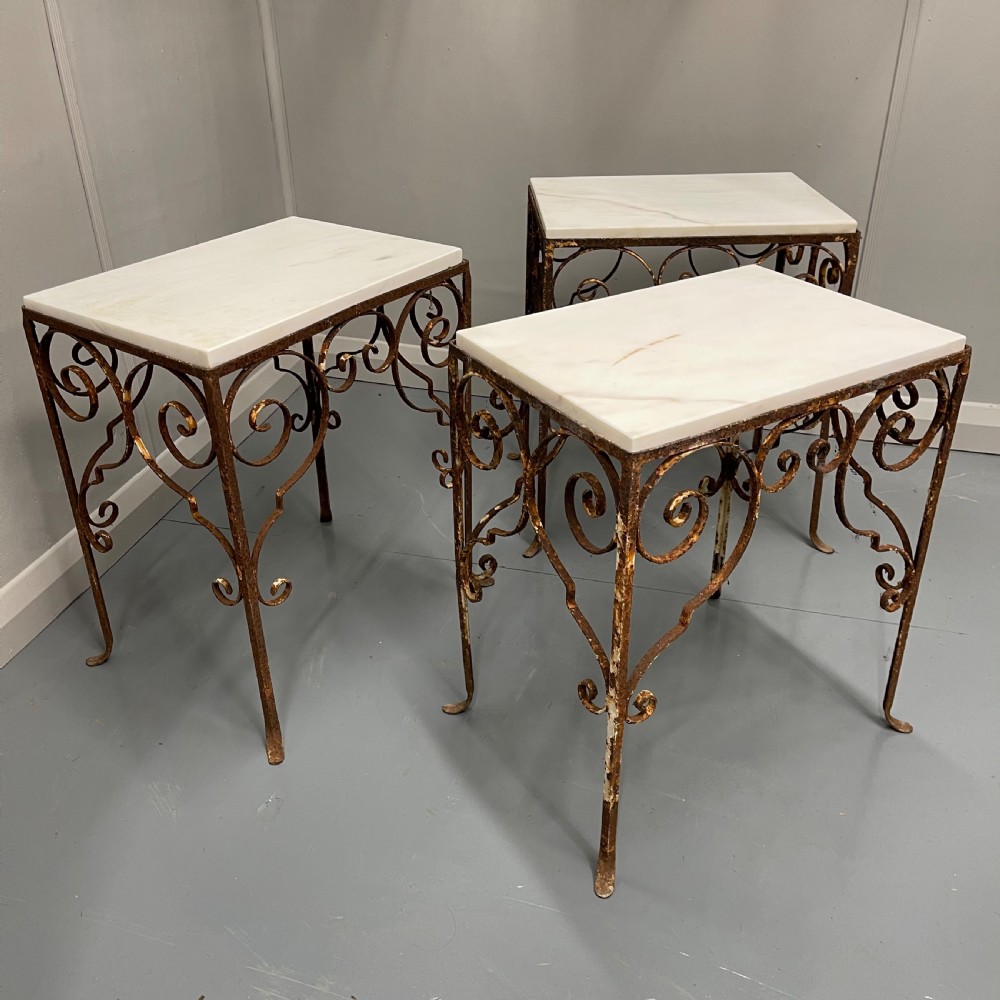 Set of 3 wrought iron and marble top side tables 