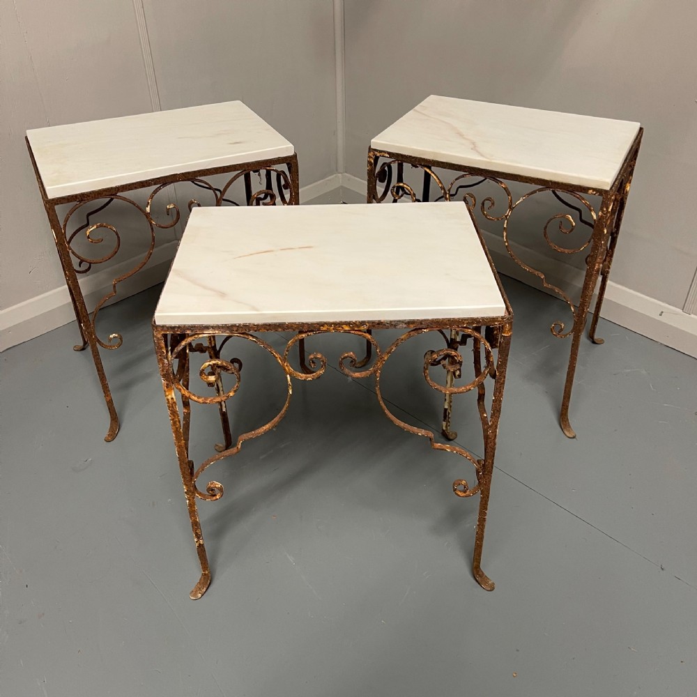 Set of 3 wrought iron and marble top side tables  View II