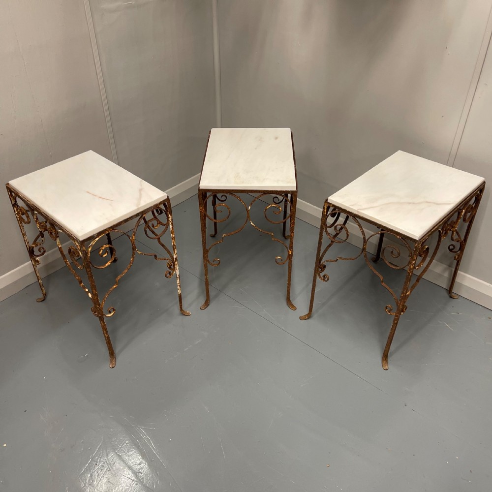 Set of 3 wrought iron and marble top side tables  View III