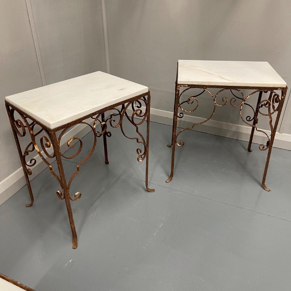 Set of 3 wrought iron and marble top side tables  View V