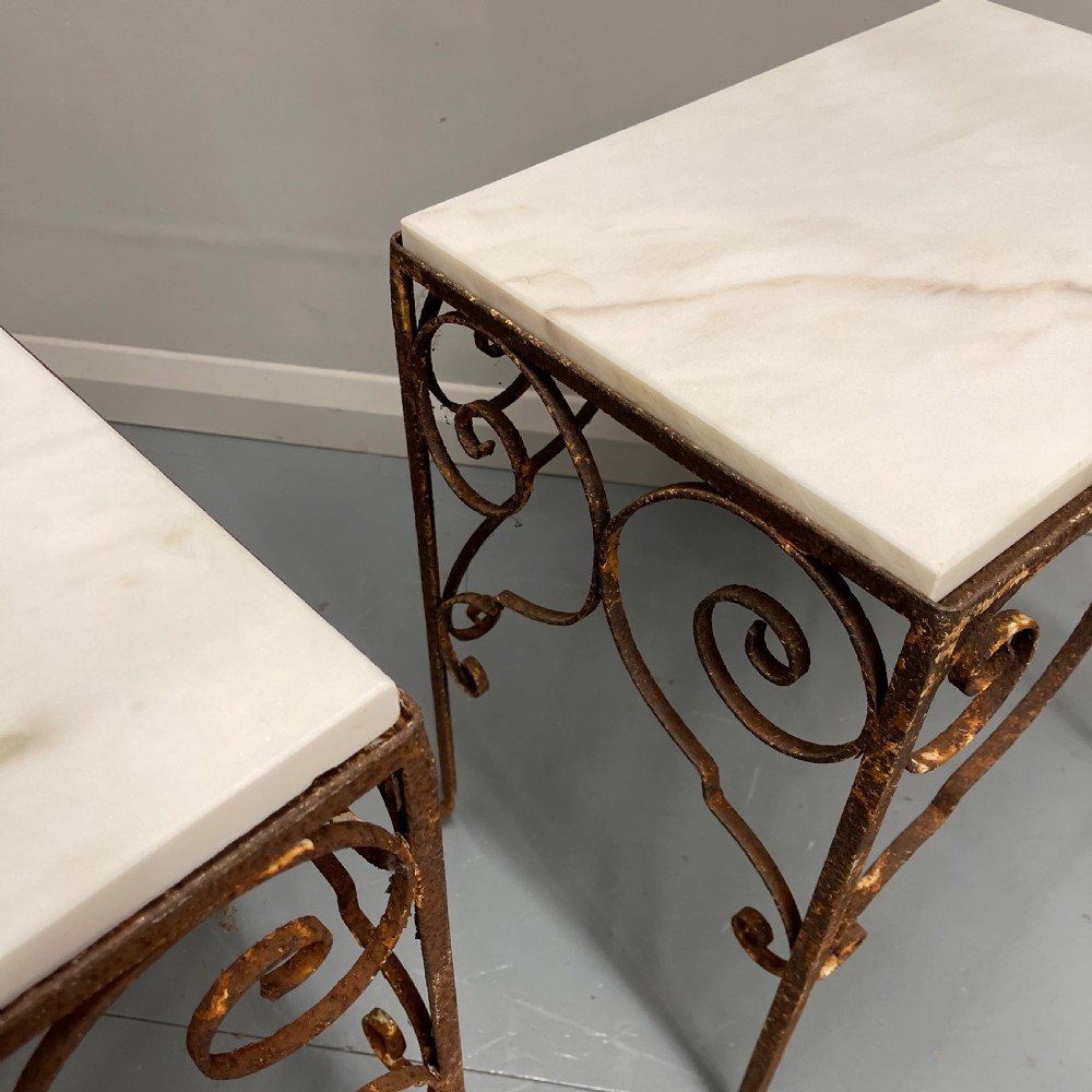 Set of 3 wrought iron and marble top side tables  View VI