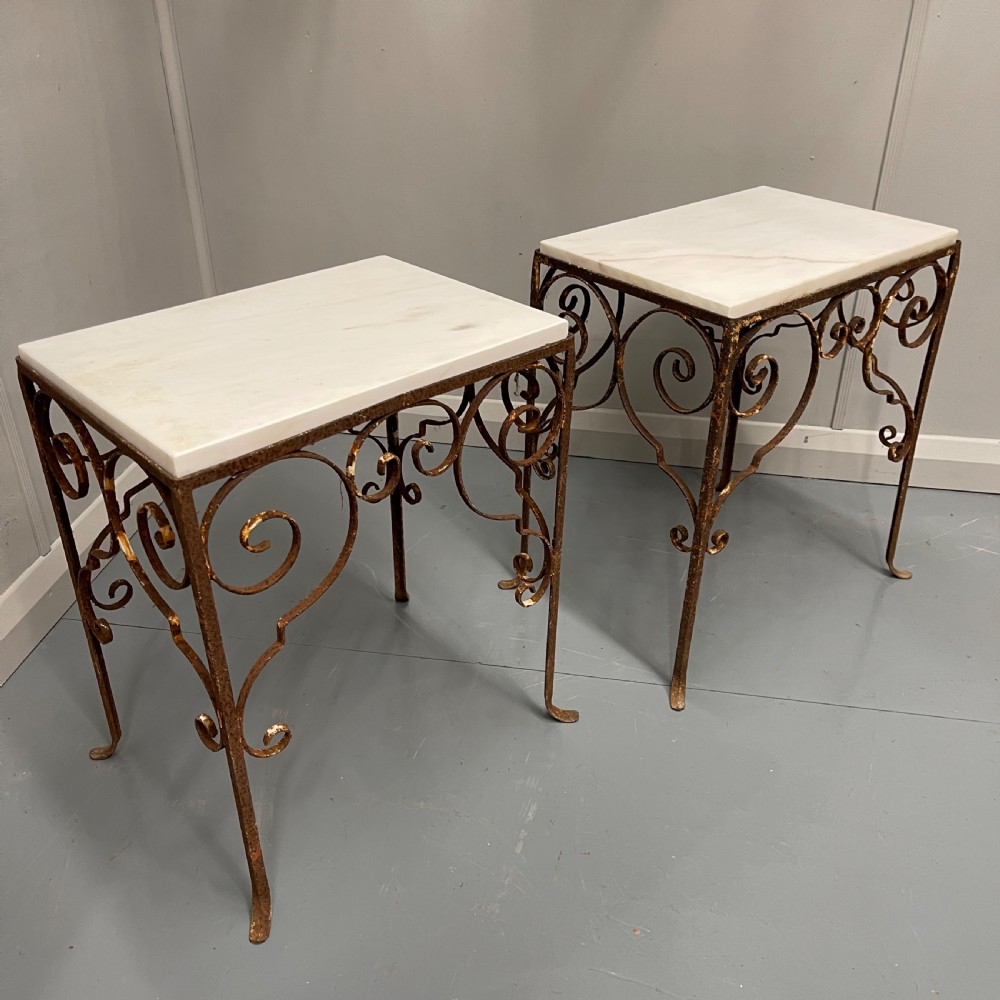 Set of 3 wrought iron and marble top side tables  View VII
