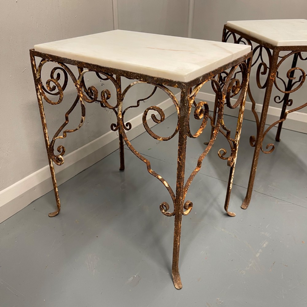 Set of 3 wrought iron and marble top side tables  View VIII