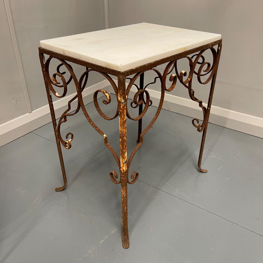 Set of 3 wrought iron and marble top side tables  View X