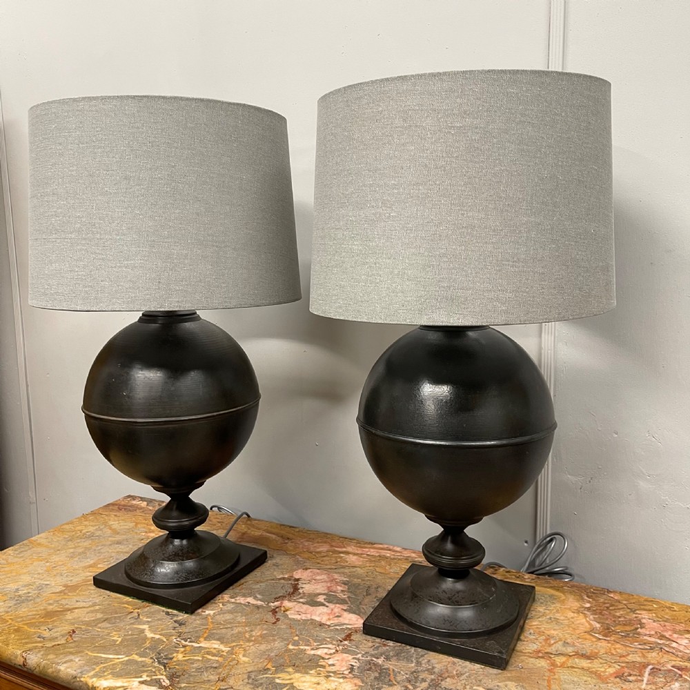 Pair of large black toleware finial lamps View II