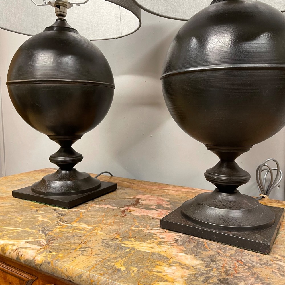 Pair of large black toleware finial lamps View III