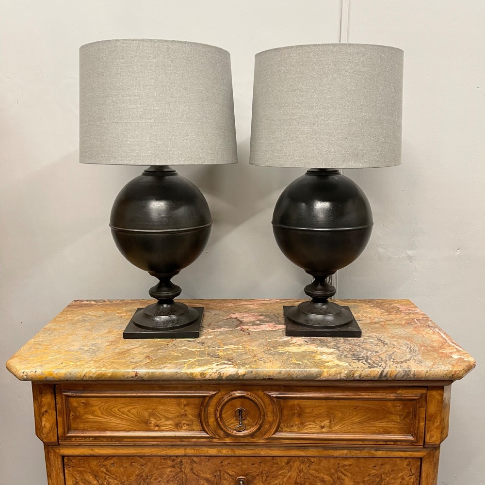 Pair of large black toleware finial lamps View IV