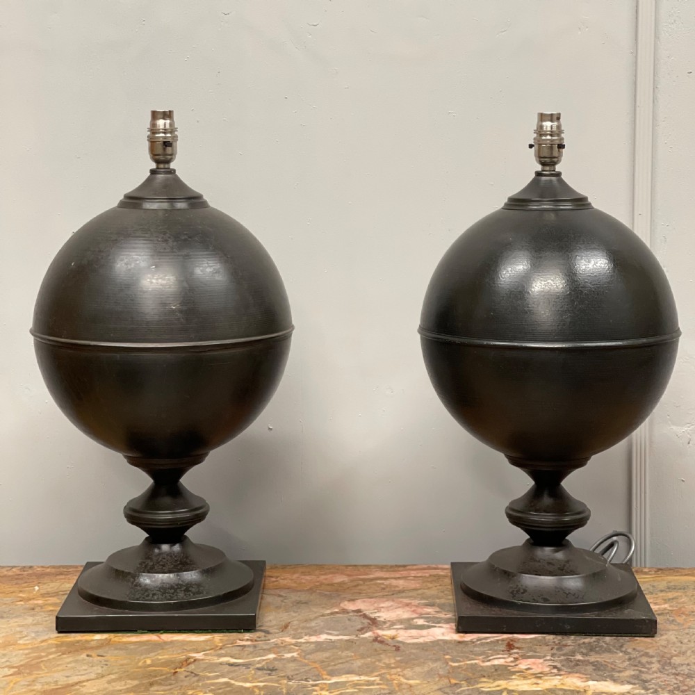 Pair of large black toleware finial lamps View VI