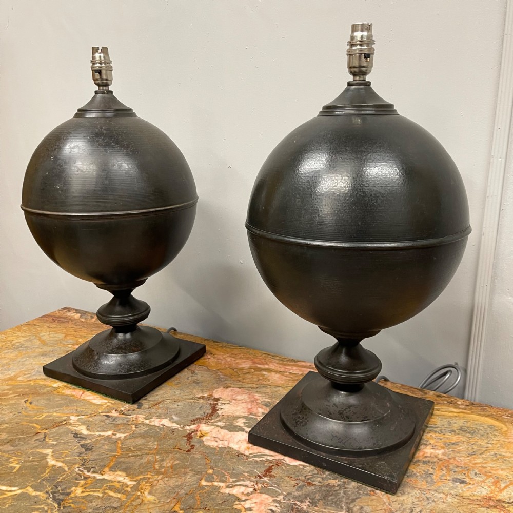 Pair of large black toleware finial lamps View VII