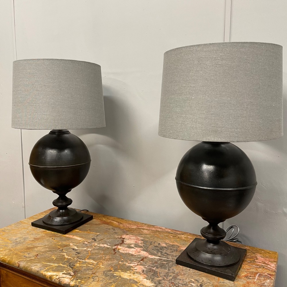Pair of large black toleware finial lamps View XI