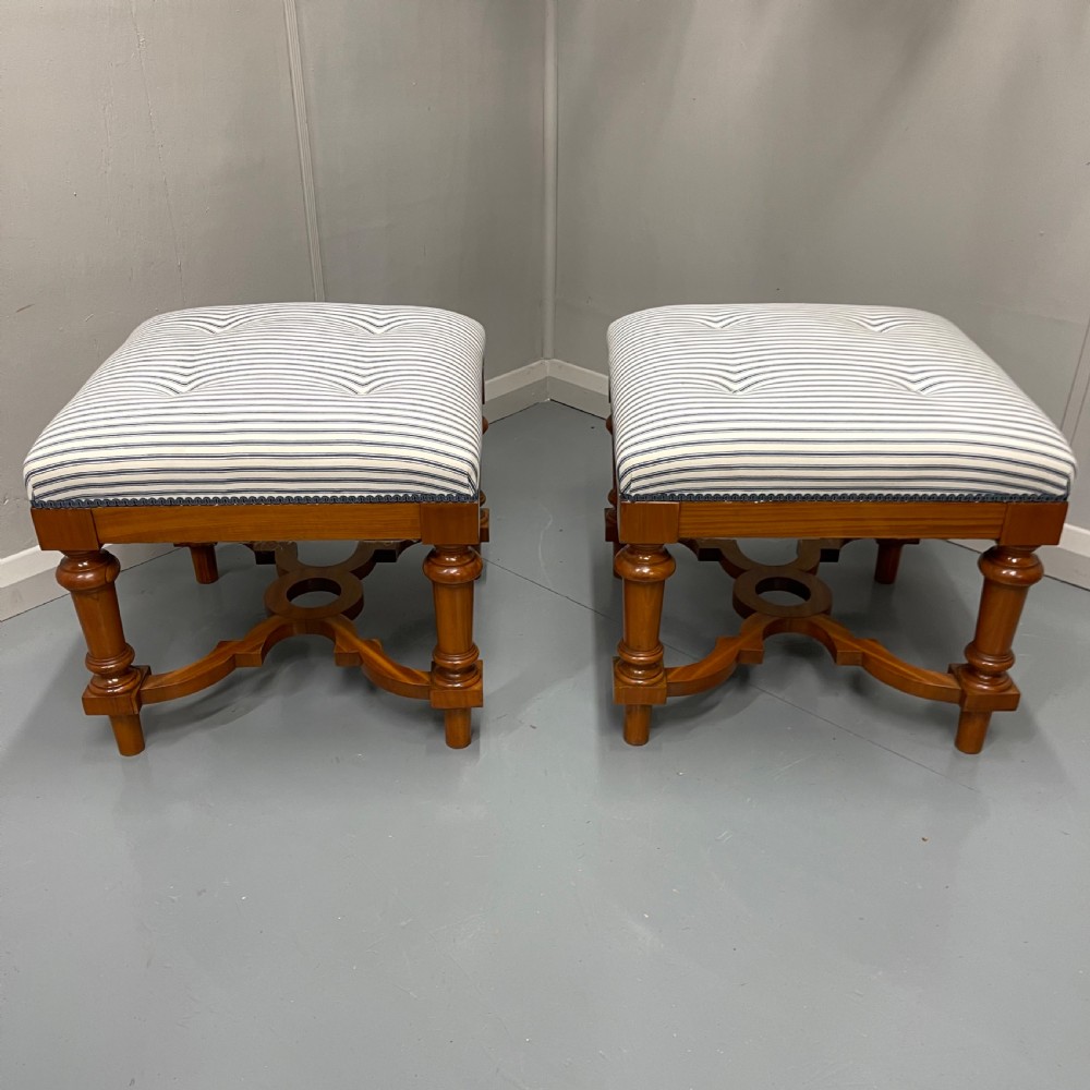 Pair of blue buttoned ticking stripe stools