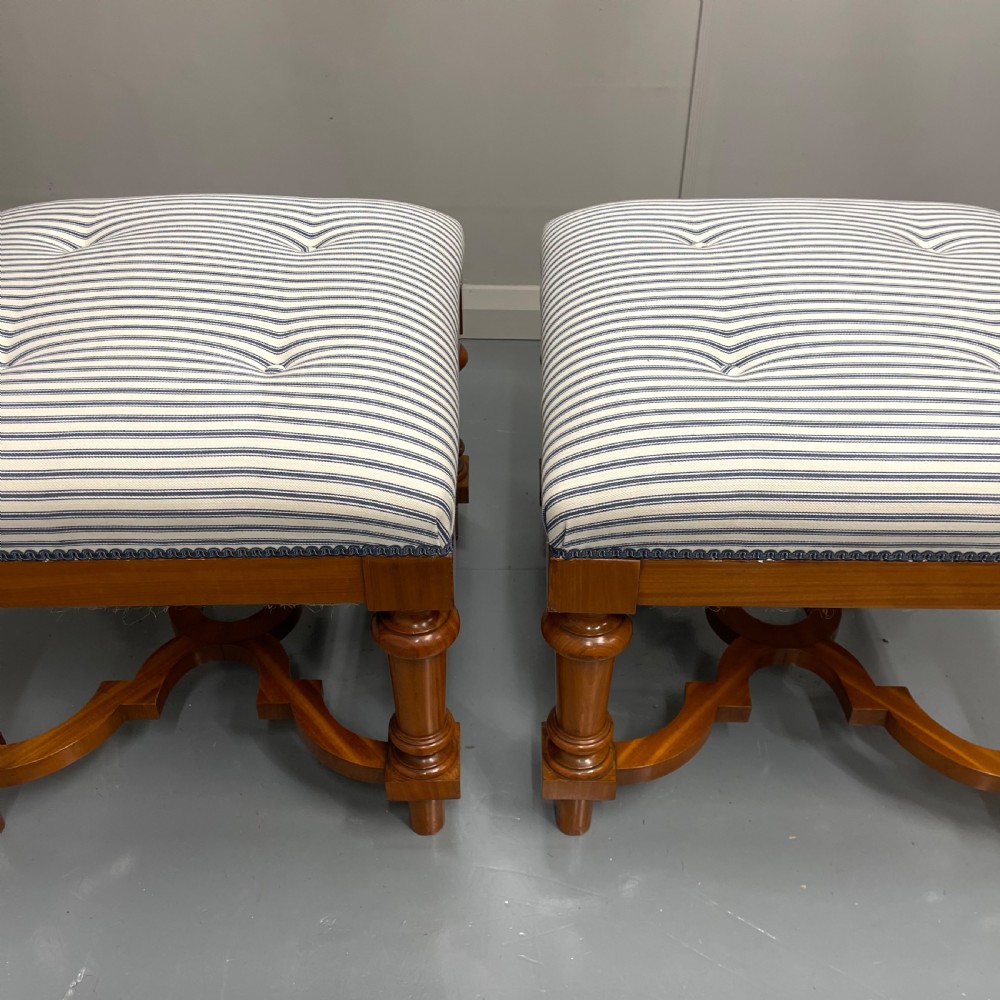 Pair of blue buttoned ticking stripe stools View II