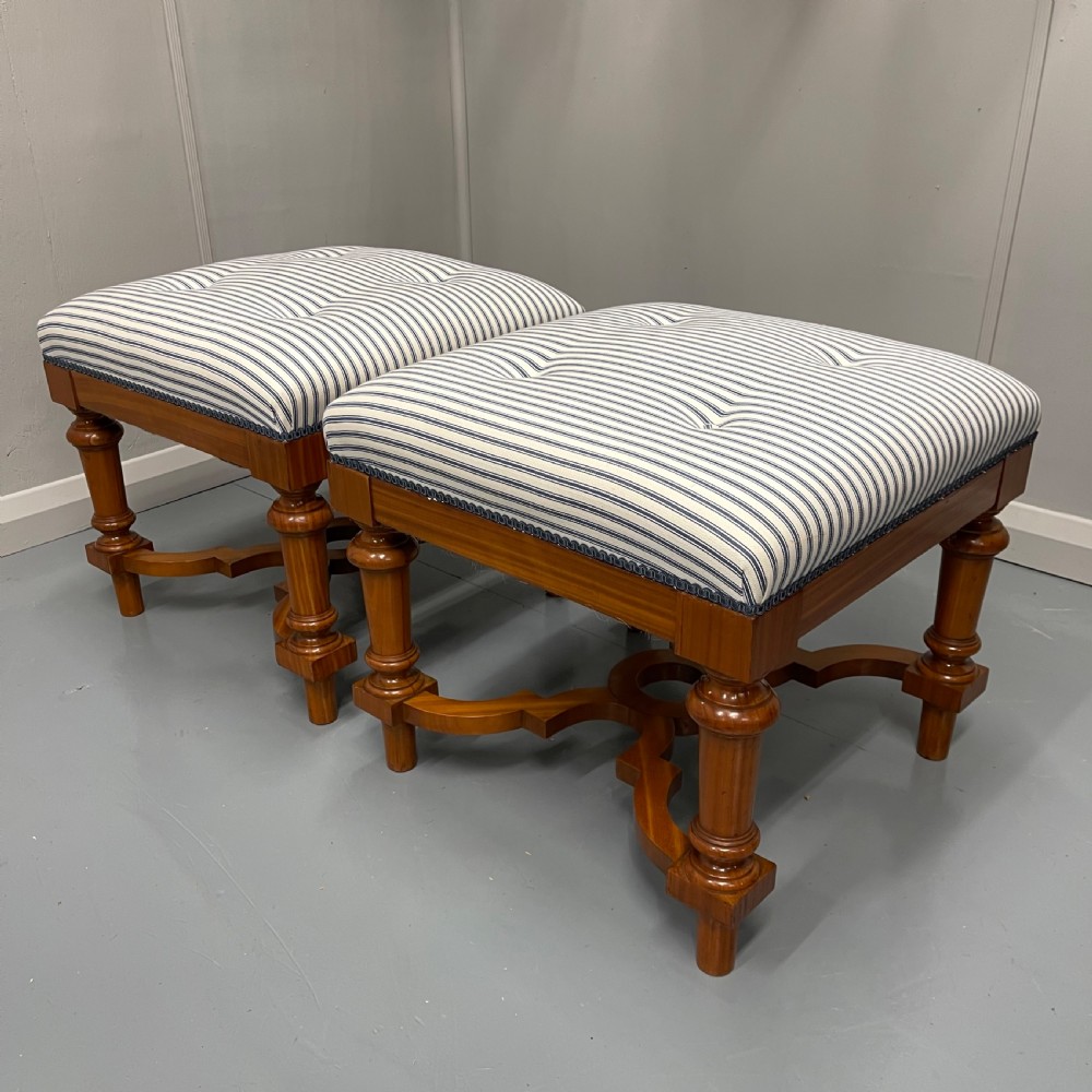 Pair of blue buttoned ticking stripe stools View III