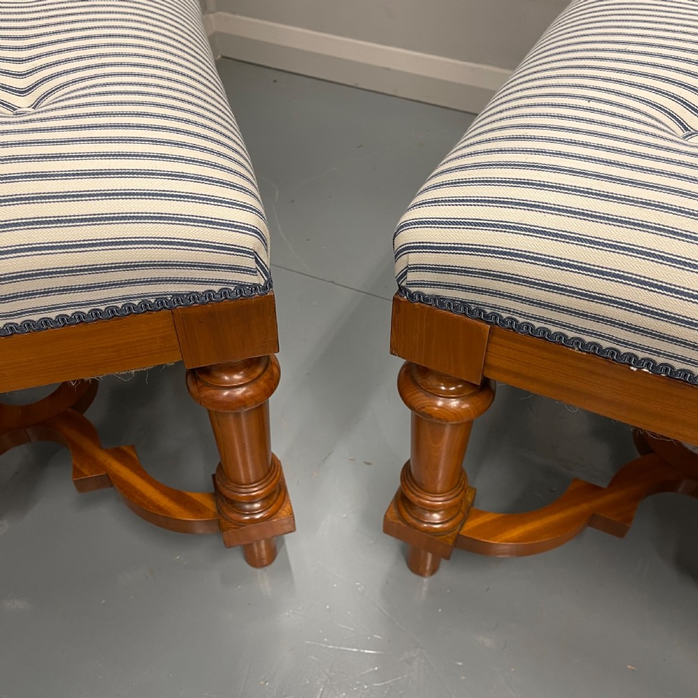 Pair of blue buttoned ticking stripe stools View IV