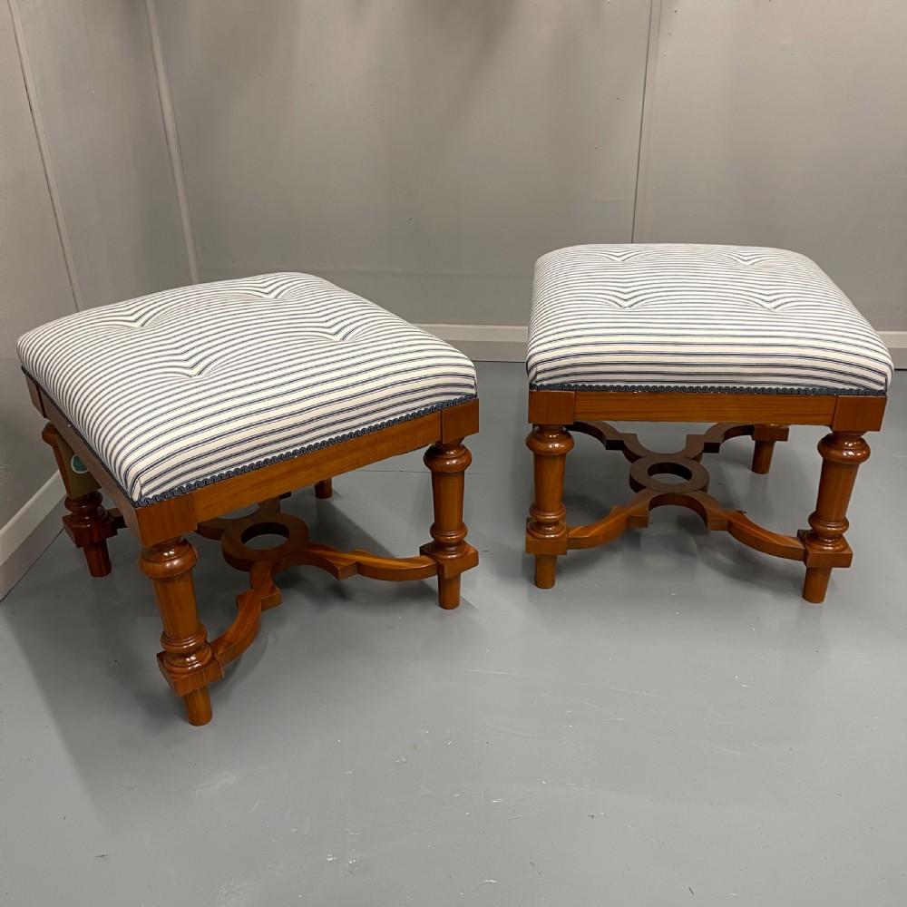 Pair of blue buttoned ticking stripe stools View V