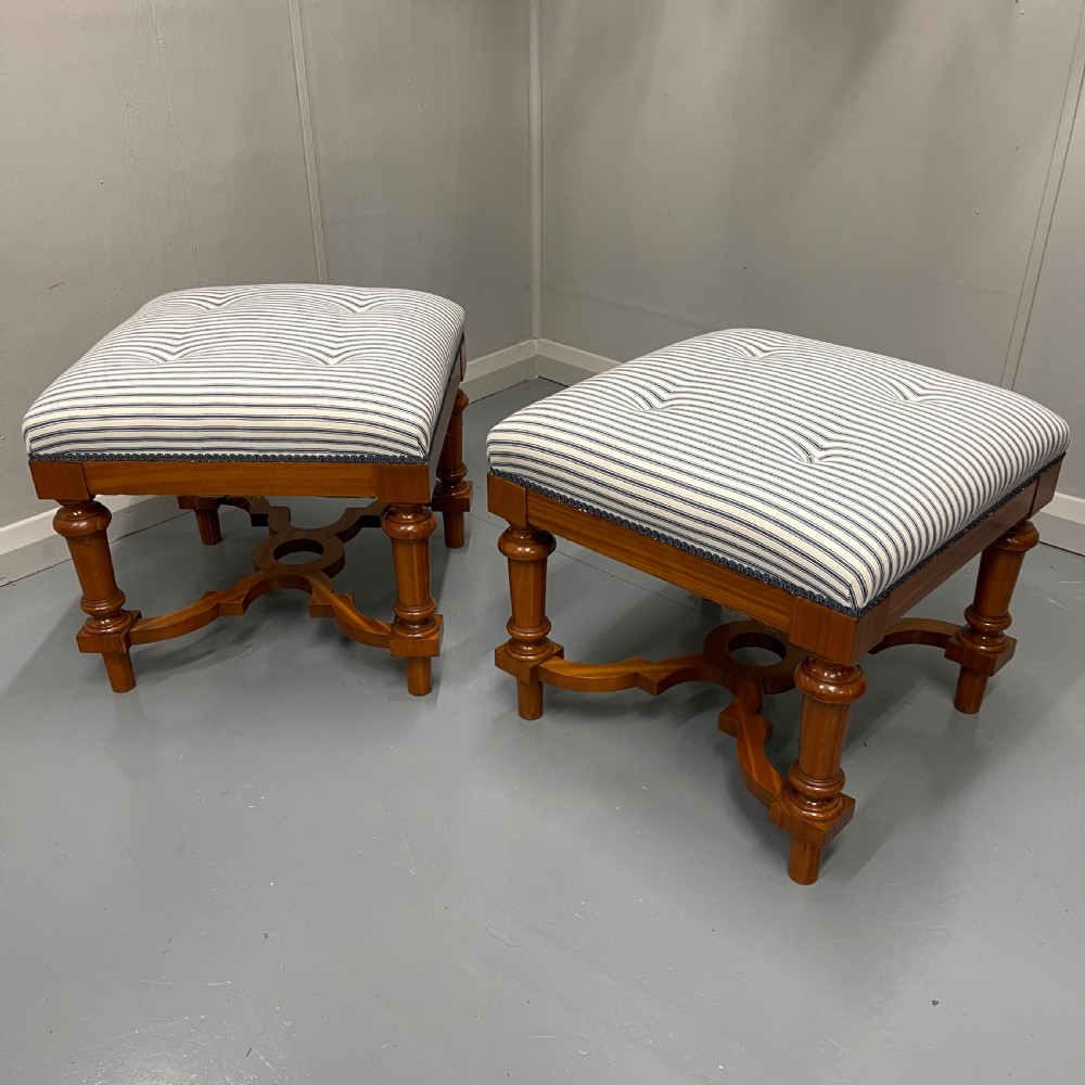 Pair of blue buttoned ticking stripe stools View VI