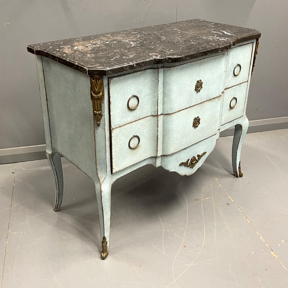 French painted two drawer marble top commode with 