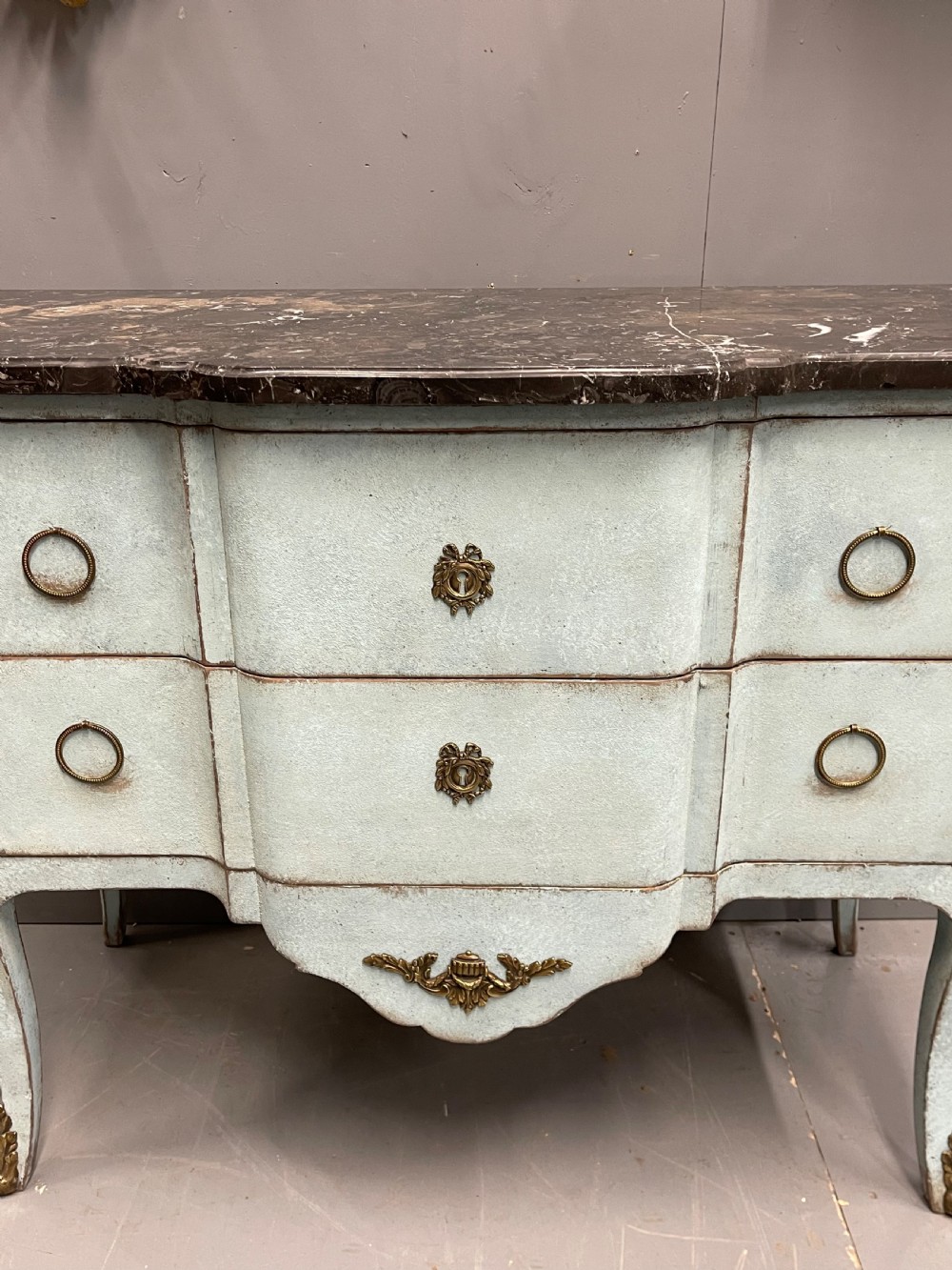French painted two drawer marble top commode with  View V