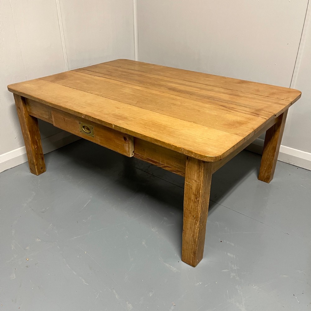 Large antique scrub pine coffee table View II