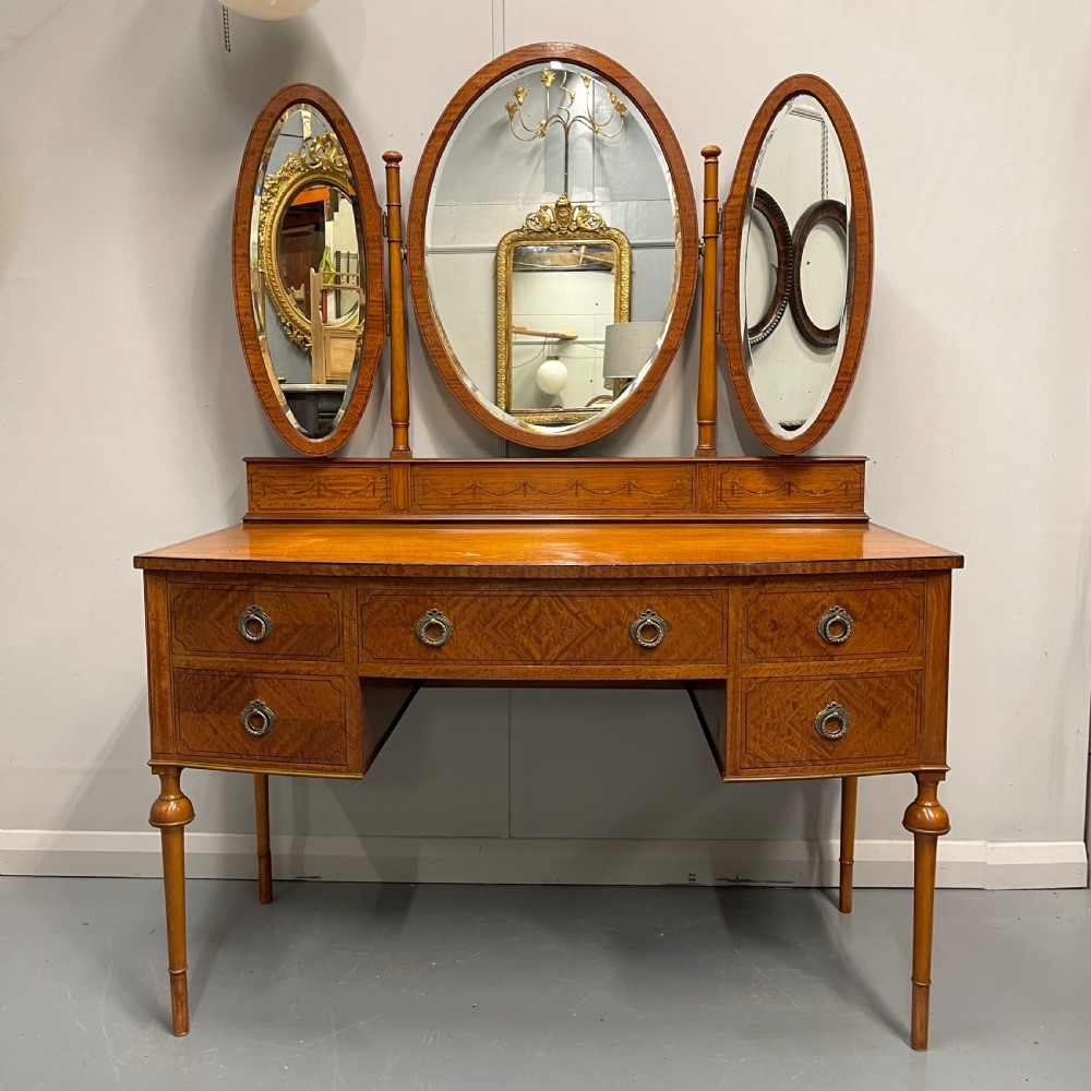 Large satinwood inlaid dressing table with oval mirrors
