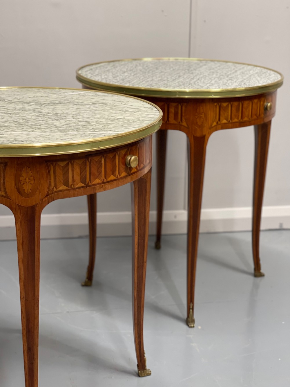 Pair of round kingwood parquetry lamp tables View III