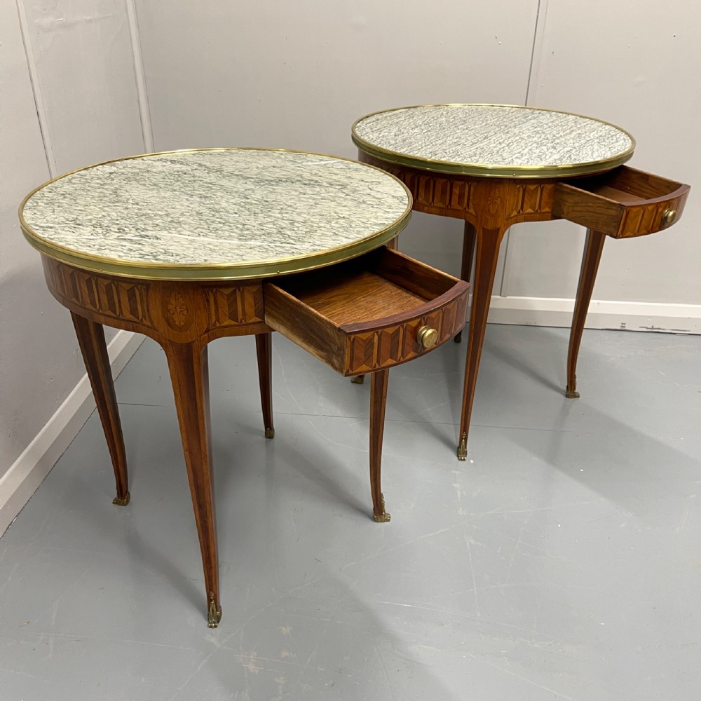 Pair of round kingwood parquetry lamp tables View V