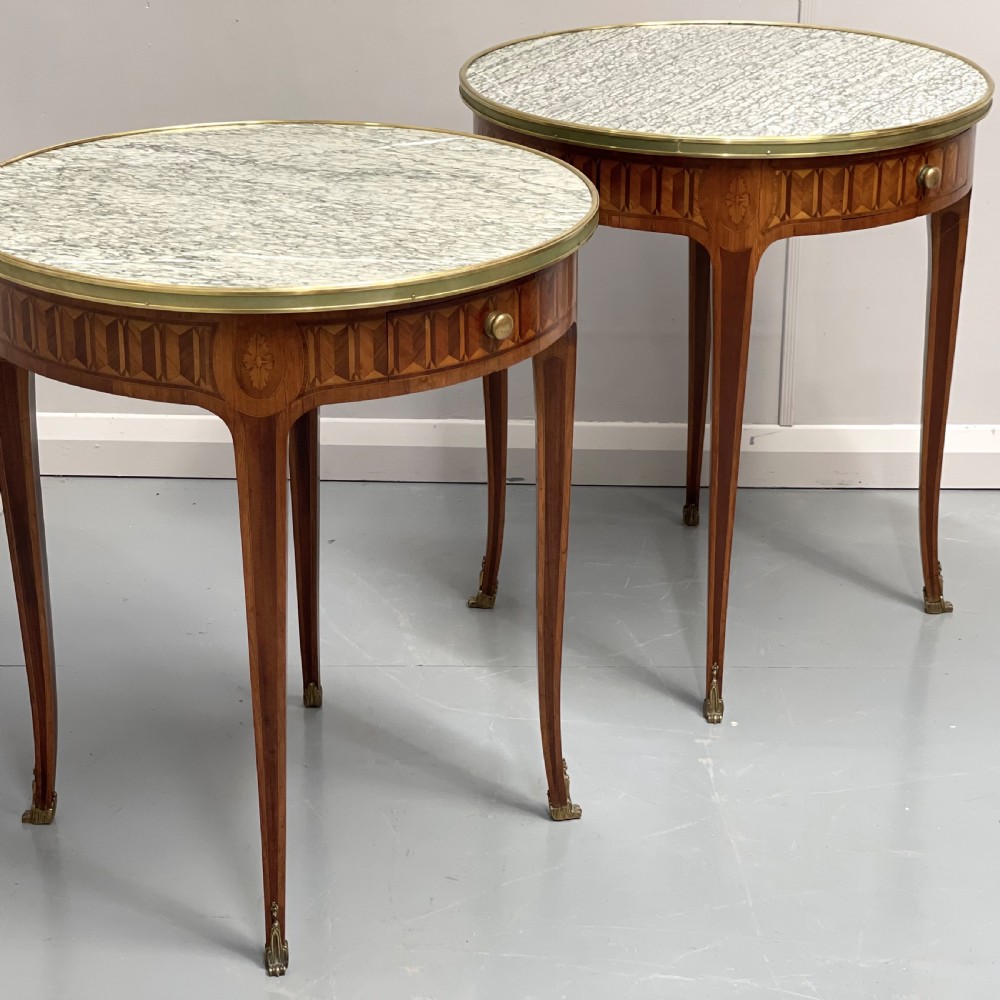 Pair of round kingwood parquetry lamp tables View XII