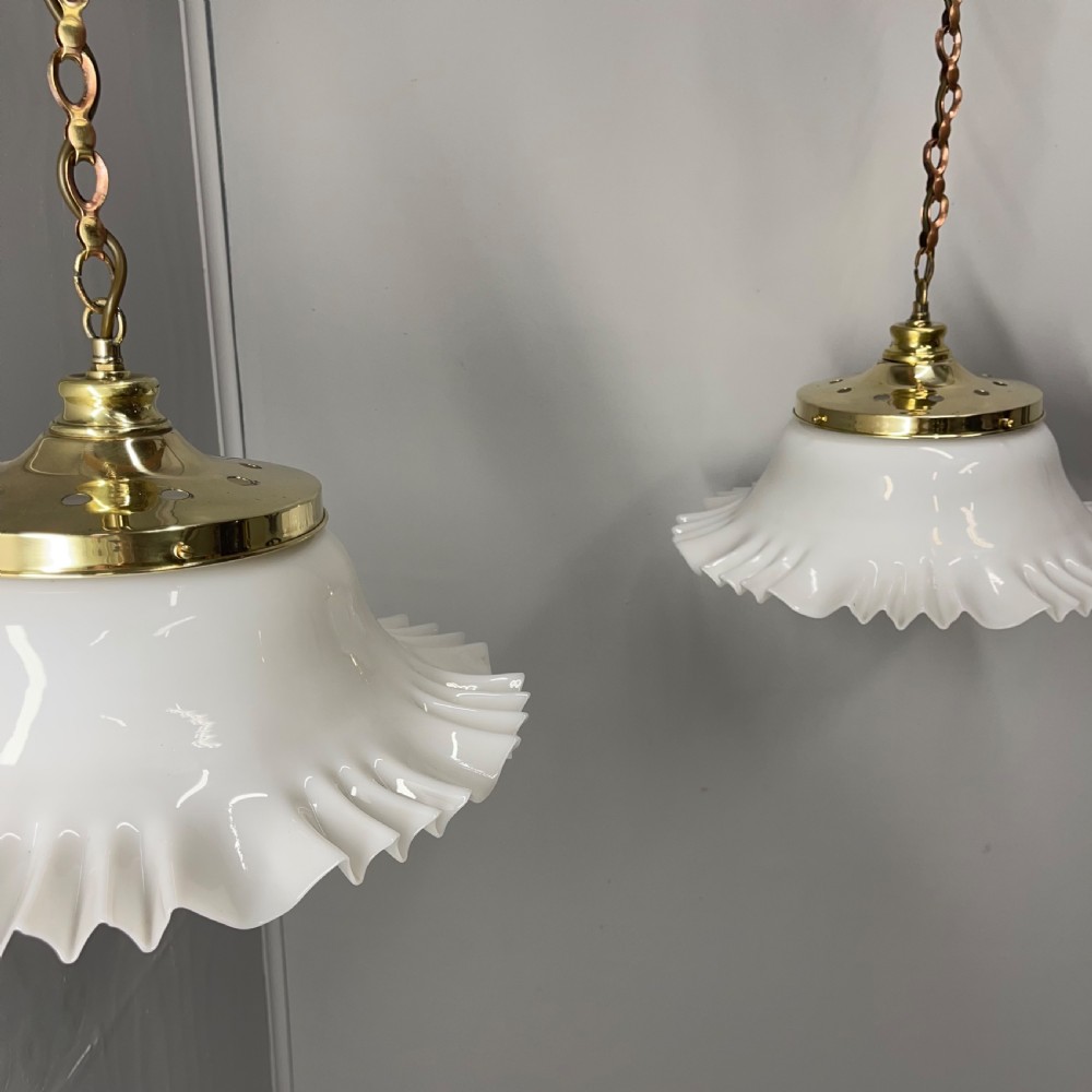 Pair of hanging opaline and brass lights  View III
