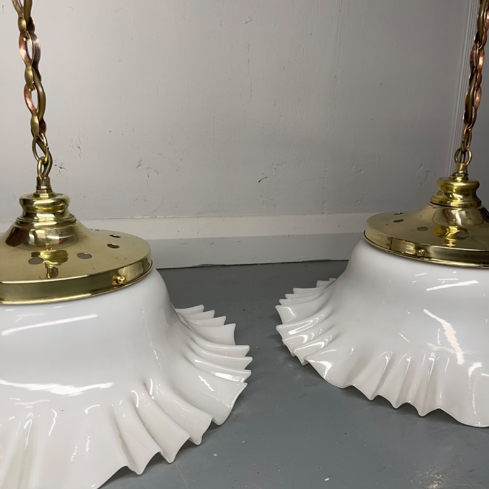 Pair of hanging opaline and brass lights  View VI