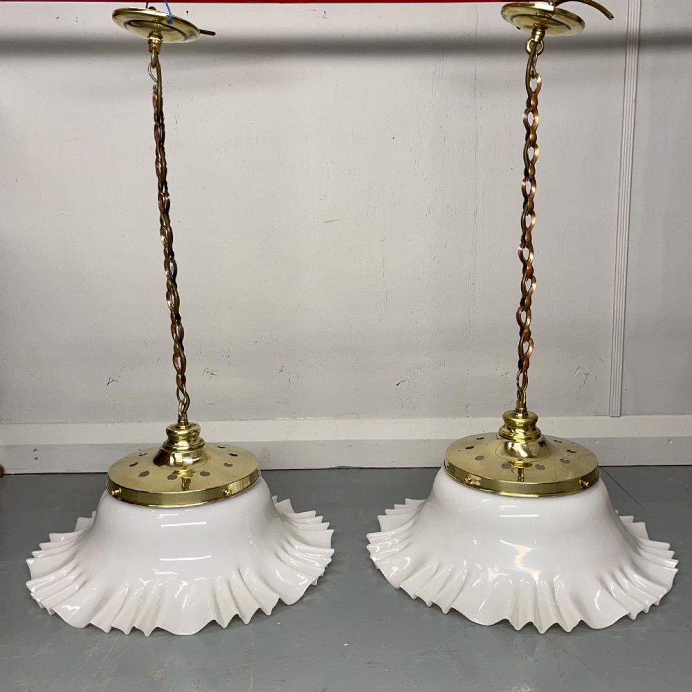 Pair of hanging opaline and brass lights  View VIII