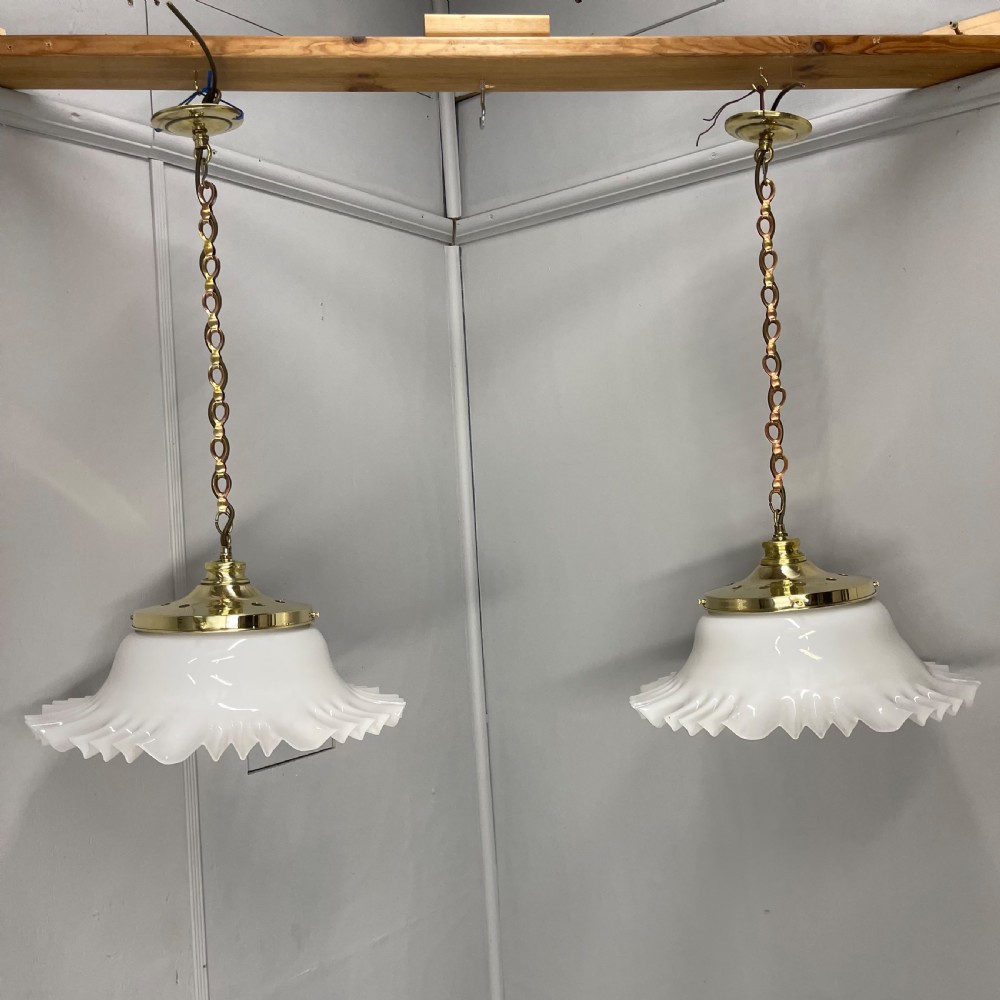 Pair of hanging opaline and brass lights  View XI