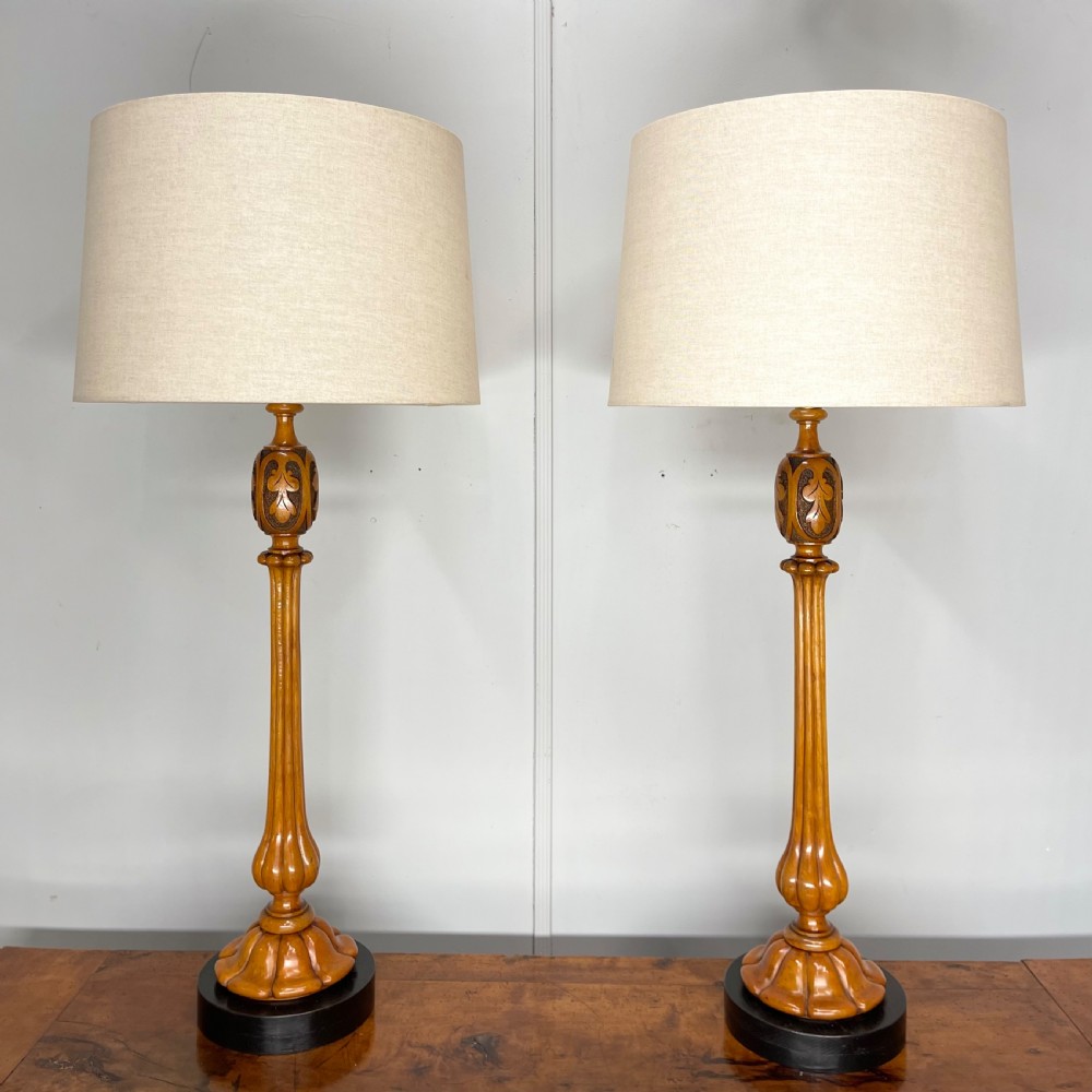 Pair of satinwood and ebonised table lamps