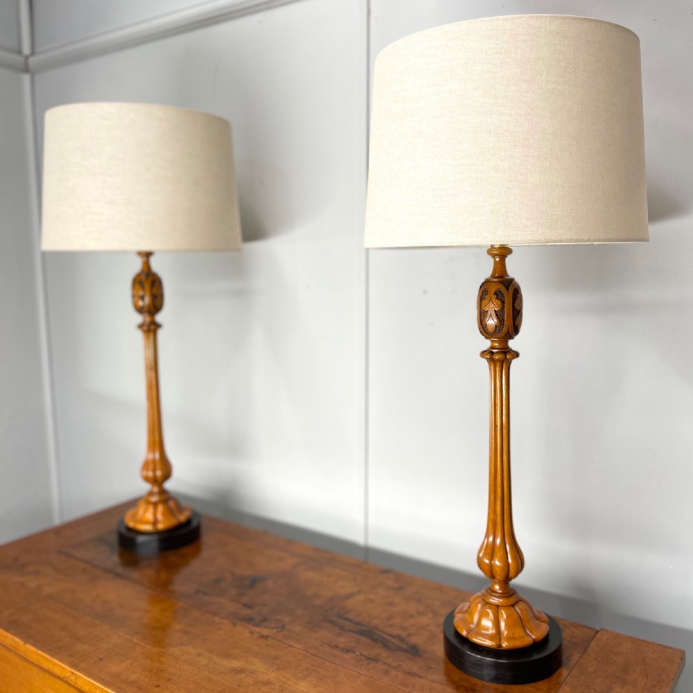 Pair of satinwood and ebonised table lamps View II