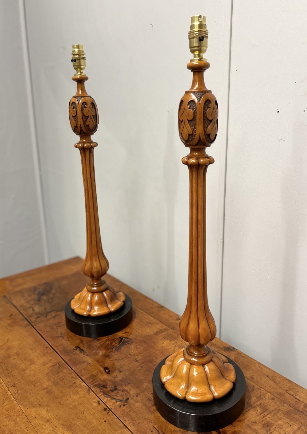 Pair of satinwood and ebonised table lamps View V