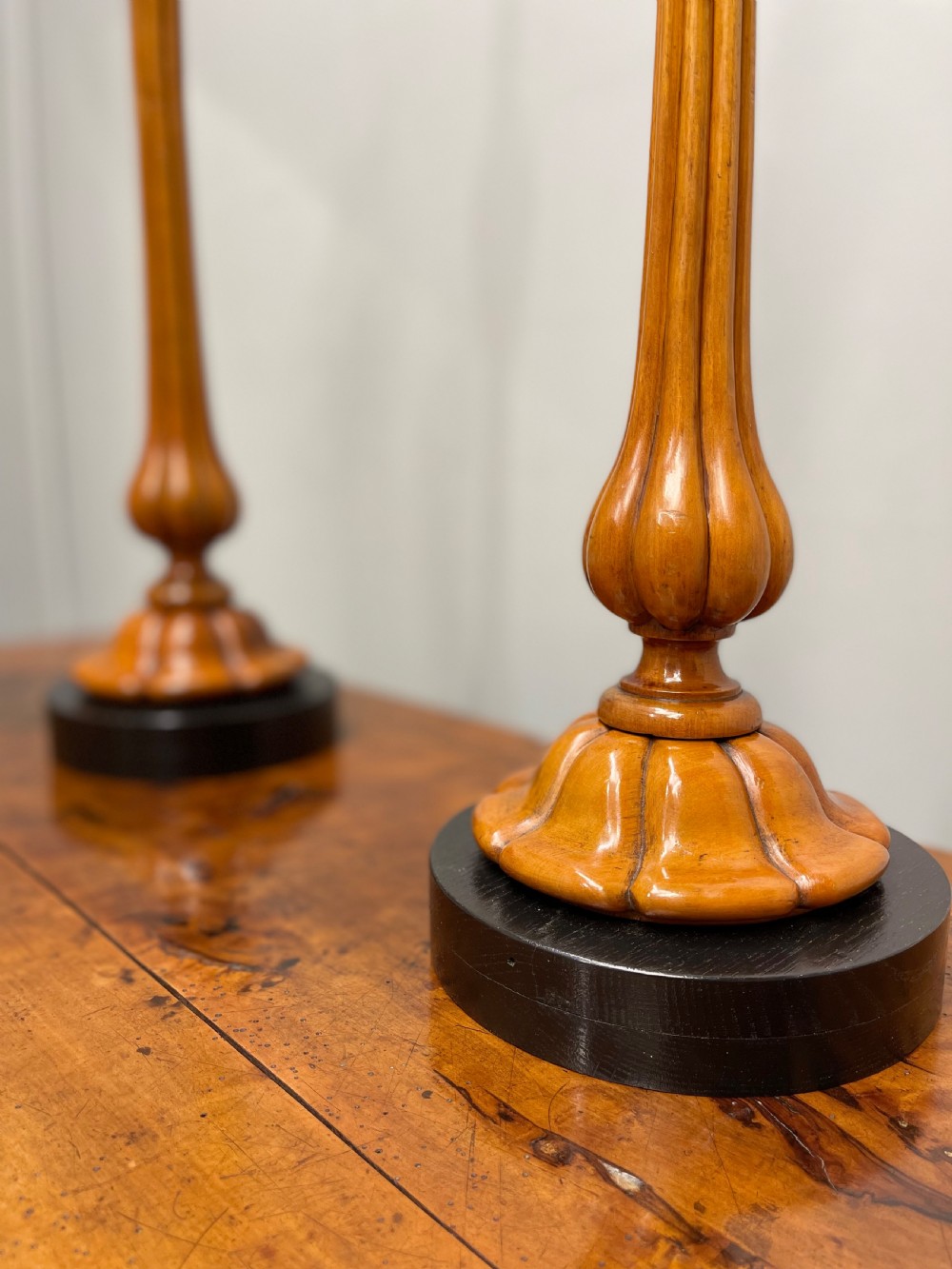 Pair of satinwood and ebonised table lamps View VI