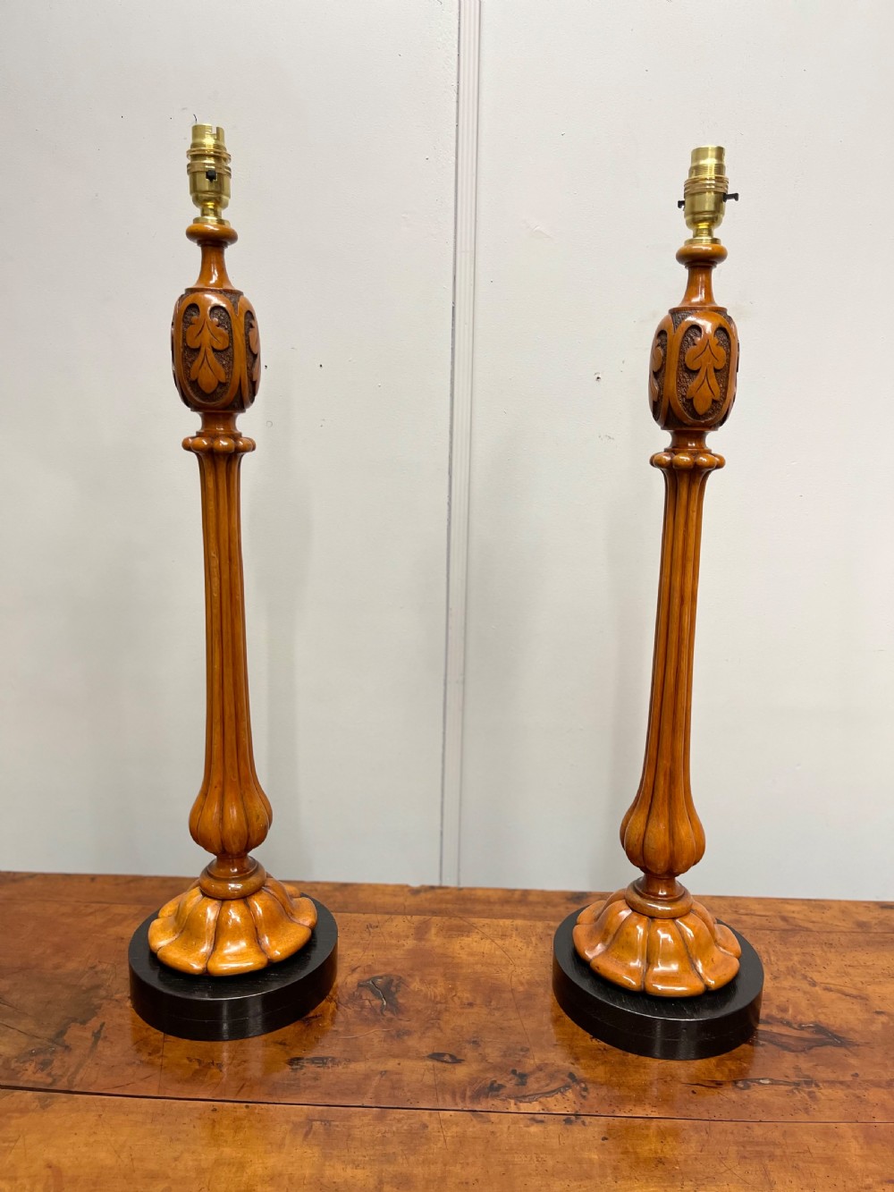 Pair of satinwood and ebonised table lamps View VII