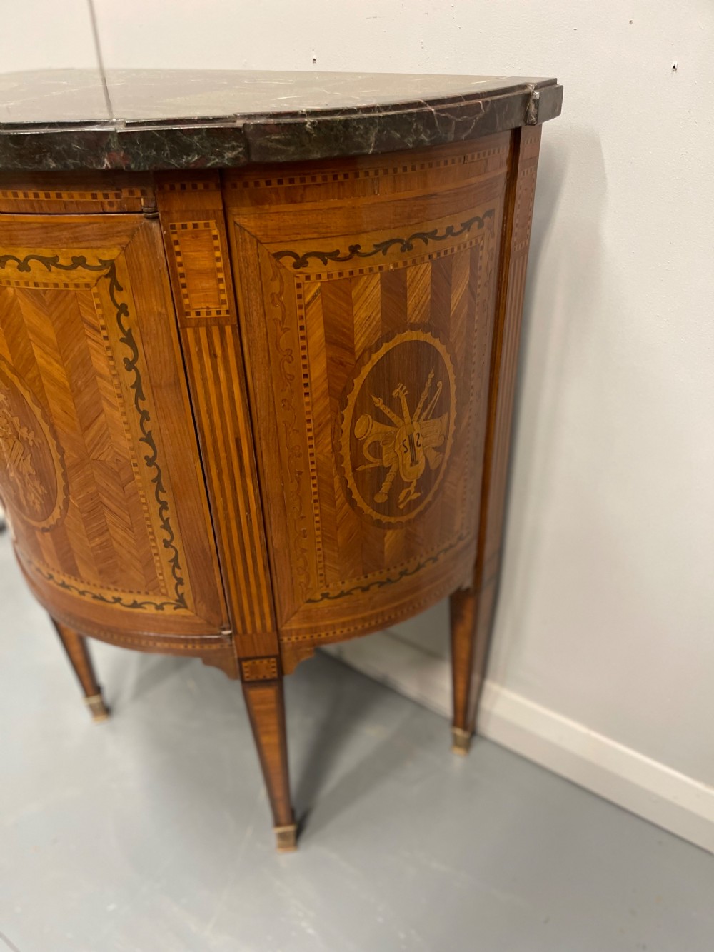 19th century French marquetry demi lune cabinet View IV