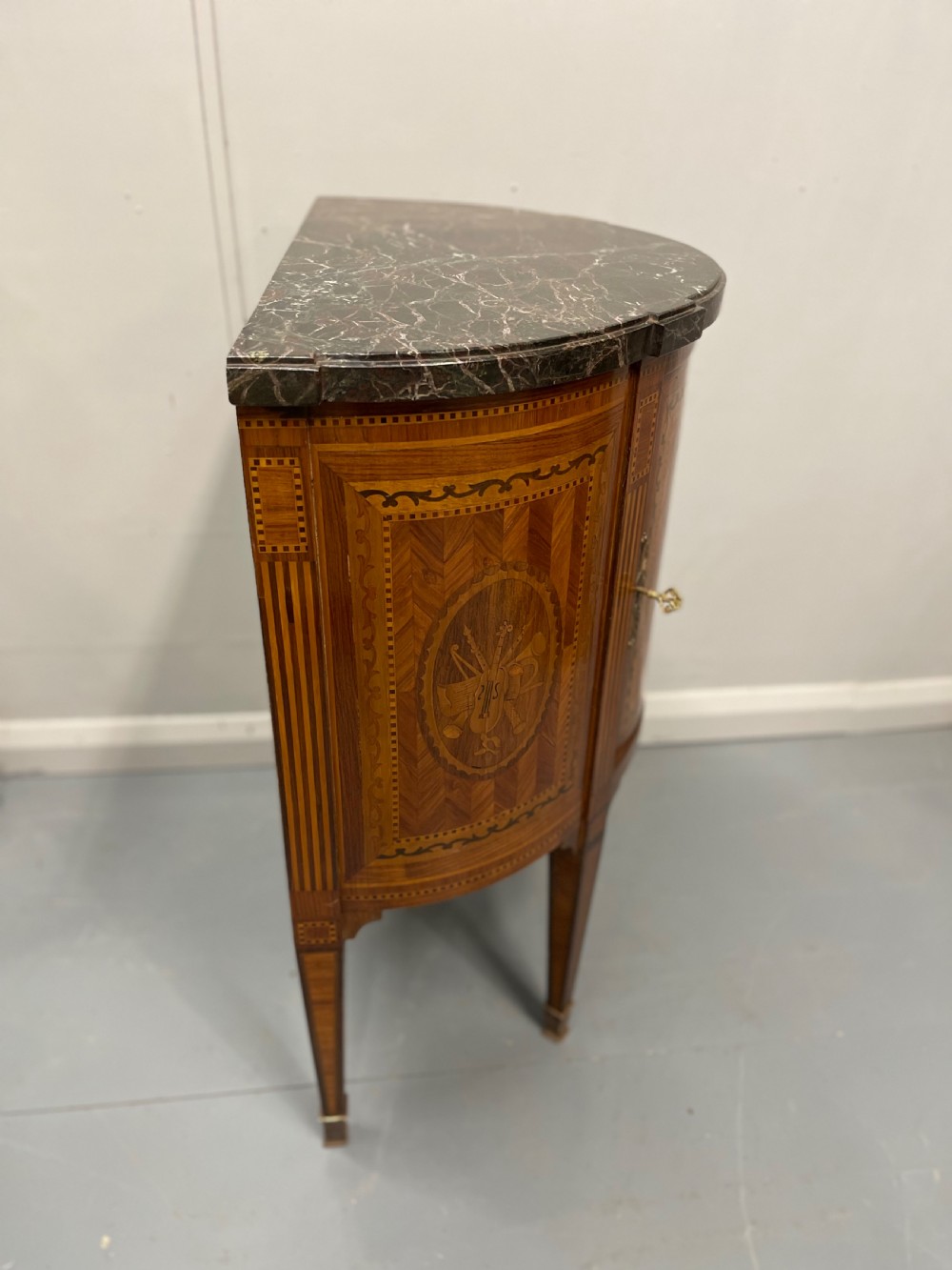 19th century French marquetry demi lune cabinet View V
