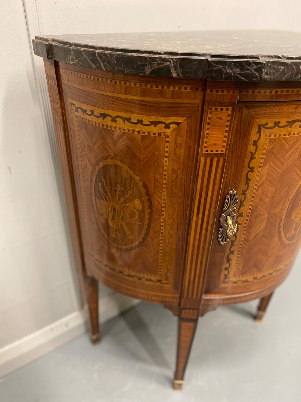 19th century French marquetry demi lune cabinet View VI