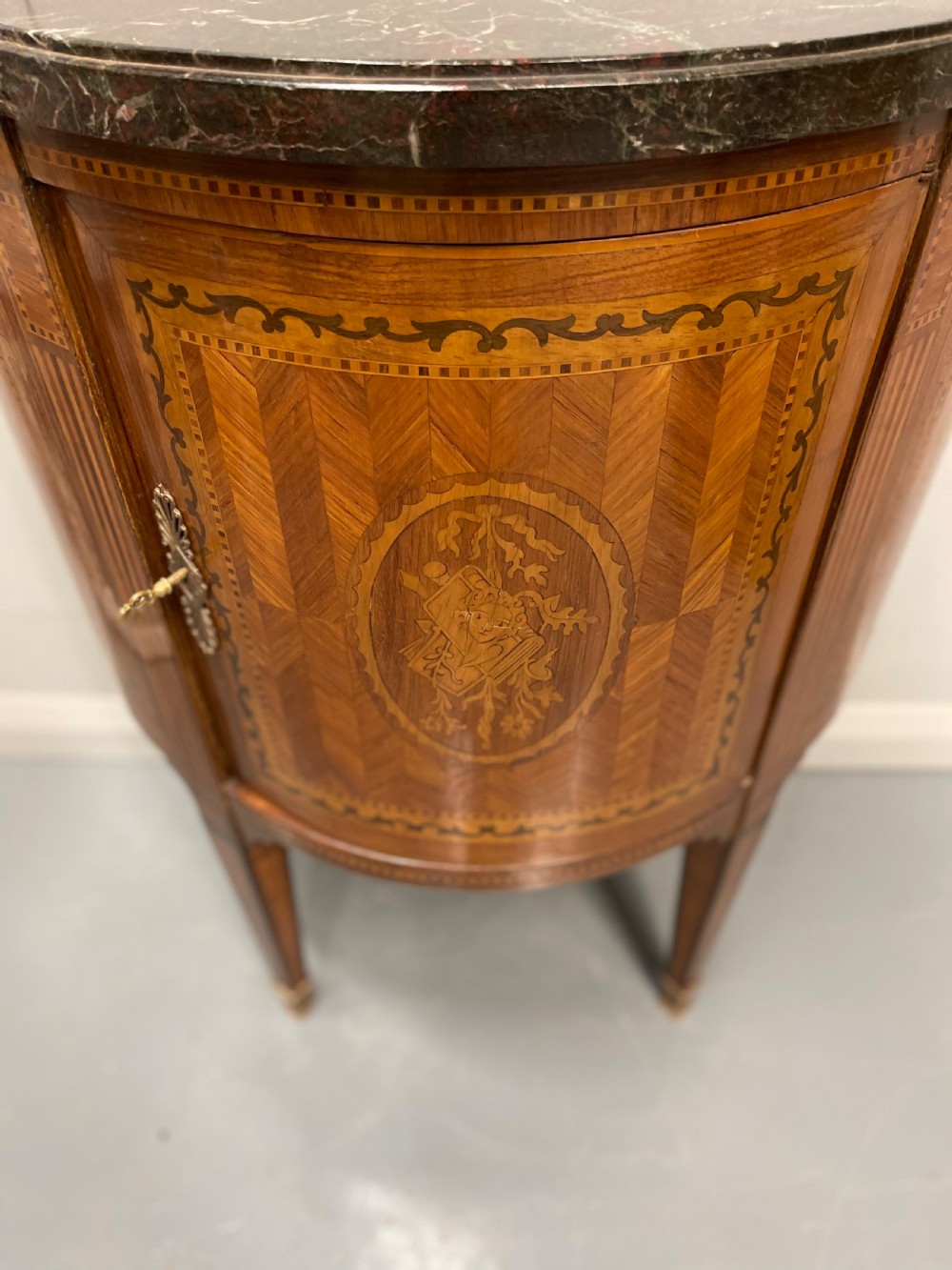 19th century French marquetry demi lune cabinet View VII