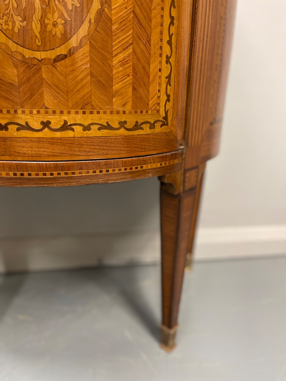 19th century French marquetry demi lune cabinet View IX