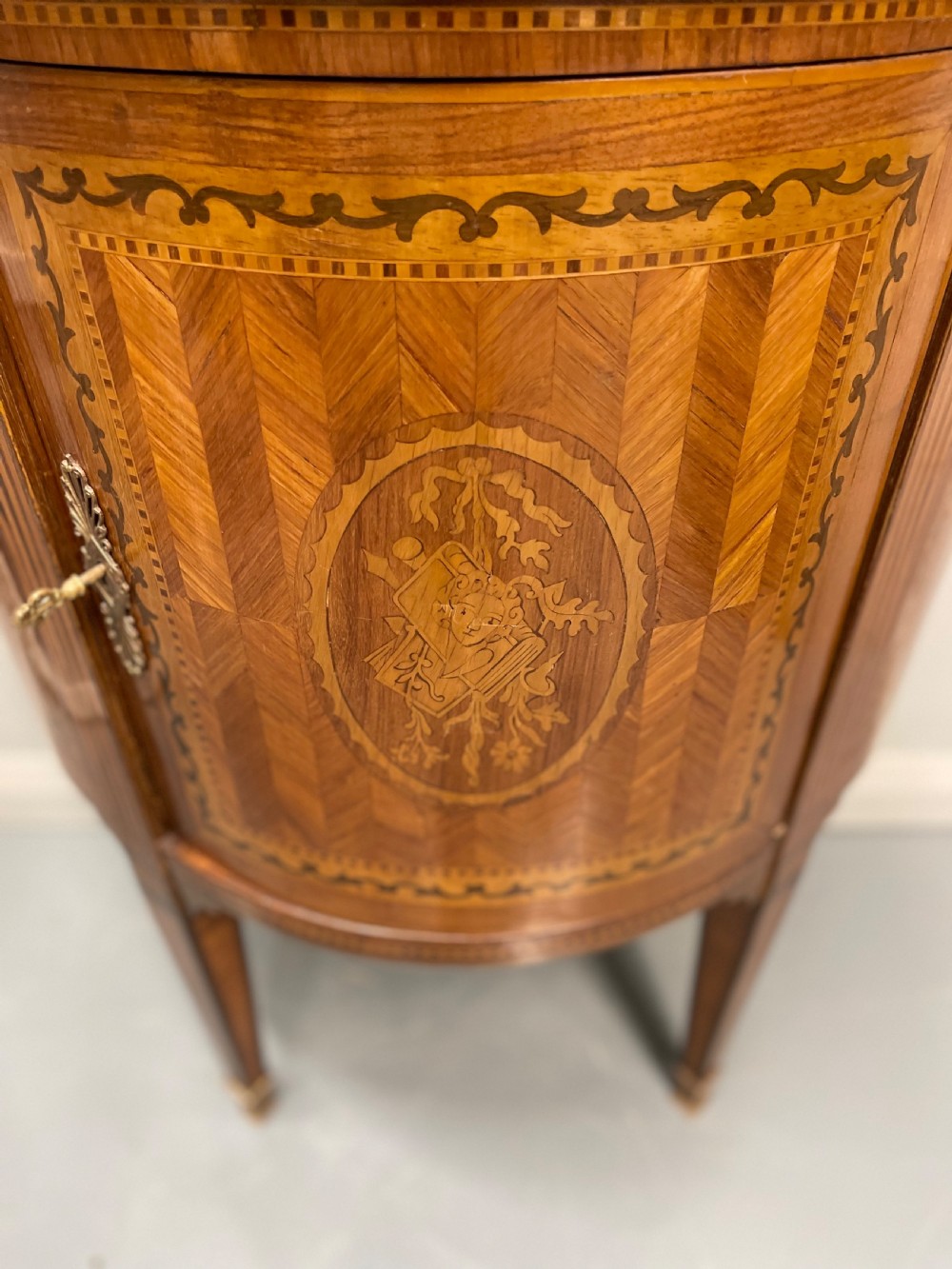 19th century French marquetry demi lune cabinet View X