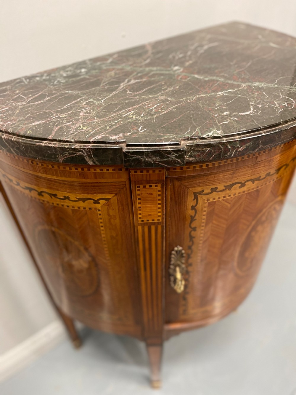 19th century French marquetry demi lune cabinet View XI