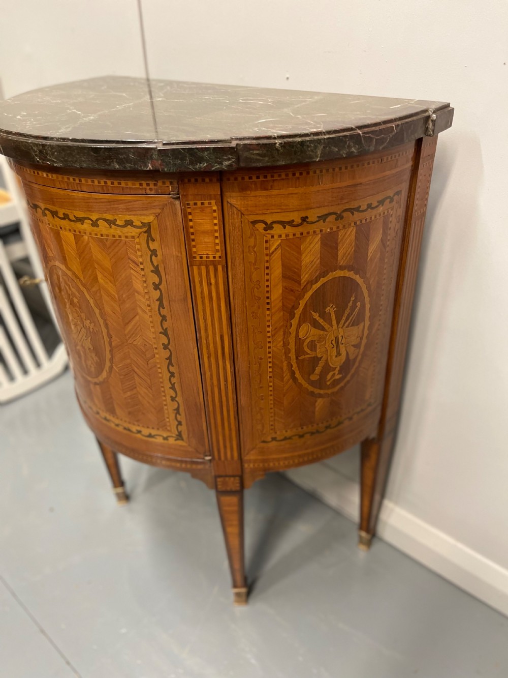 19th century French marquetry demi lune cabinet View XII