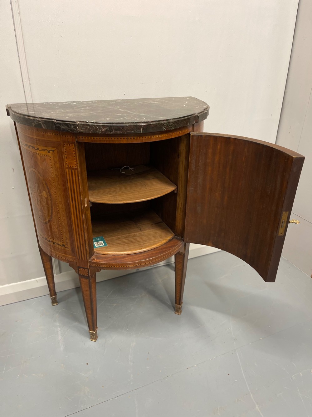 19th century French marquetry demi lune cabinet View XIV