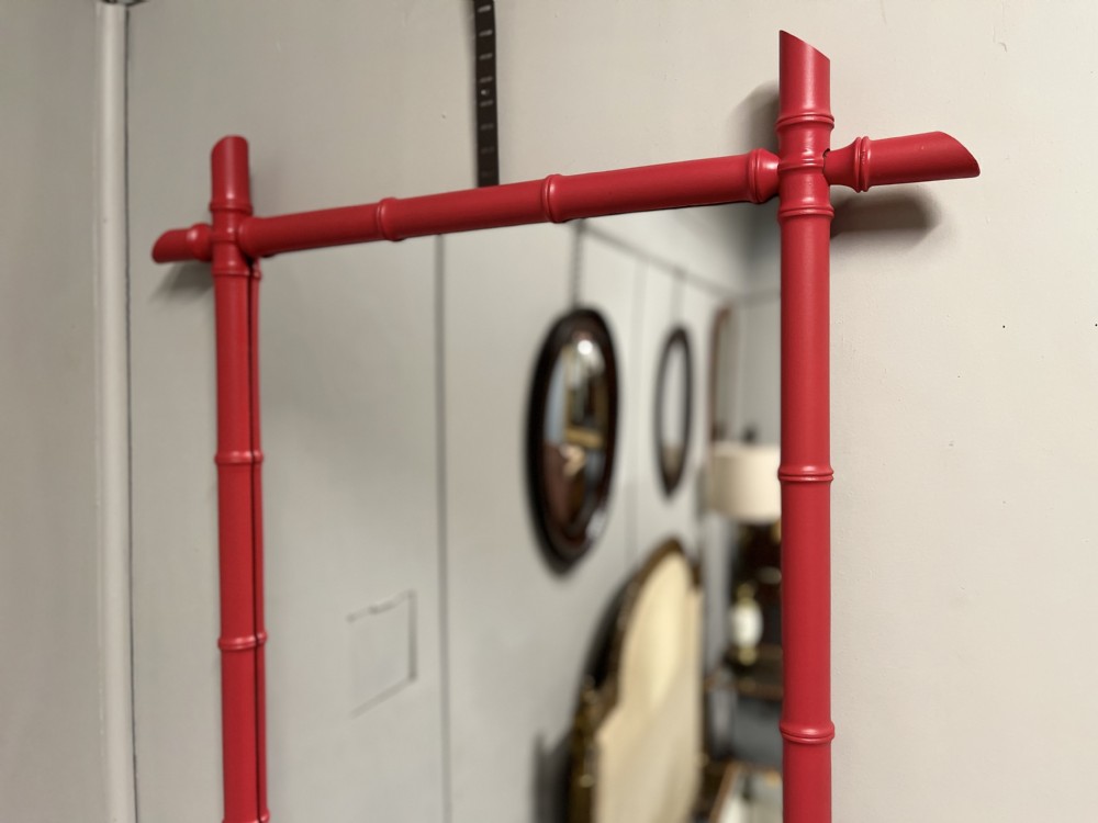 Red lacquered faux bamboo mirror View II