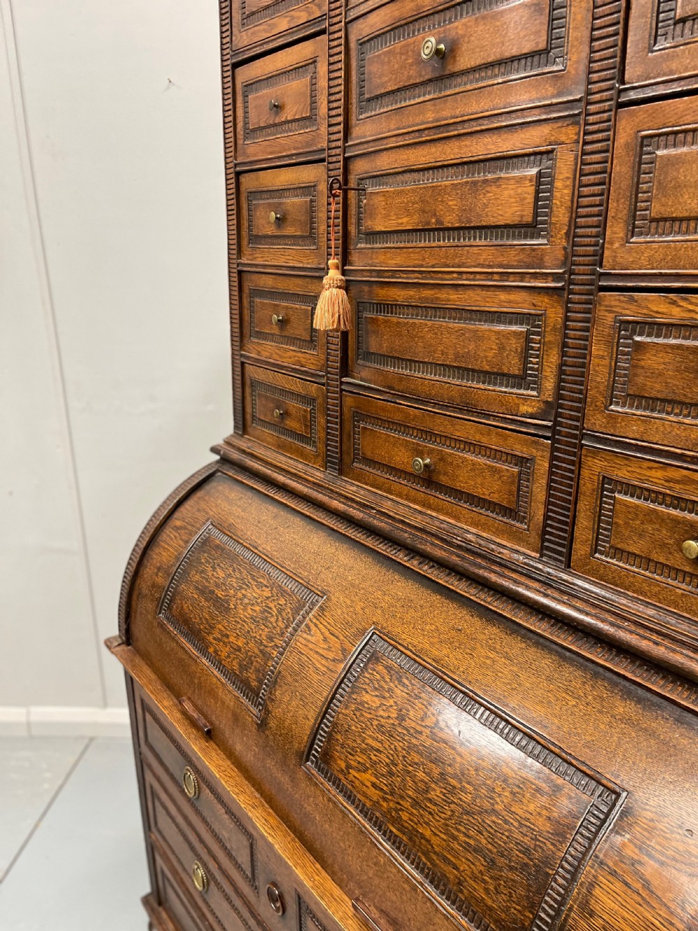 Solid oak Flemish cylinder bureau with drawers View II