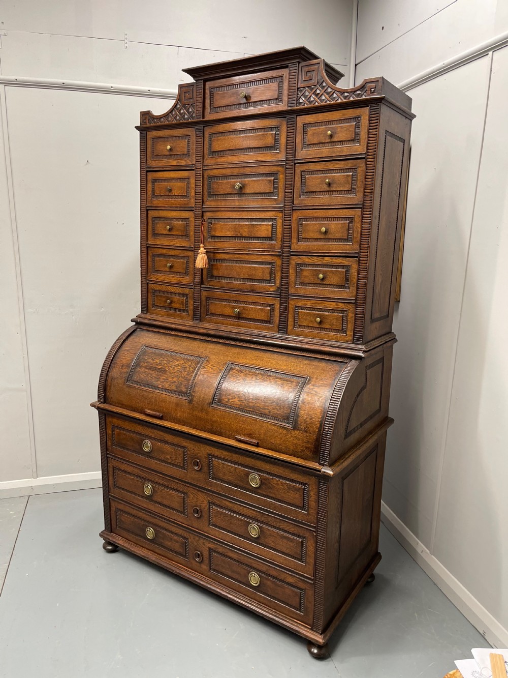 Solid oak Flemish cylinder bureau with drawers View III