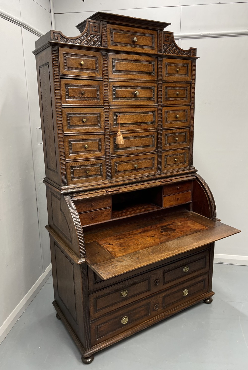 Solid oak Flemish cylinder bureau with drawers