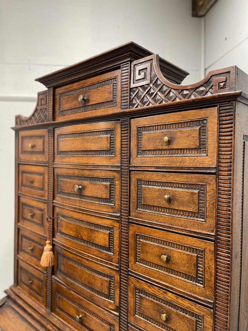 Solid oak Flemish cylinder bureau with drawers View V